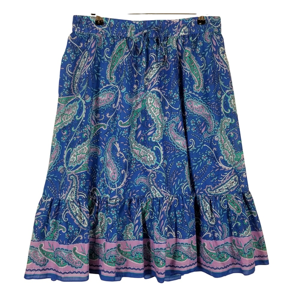 Talbots Paisley Skirt Womens 1X Blue Cotton Tiered Ruffle Drawstring 55412247